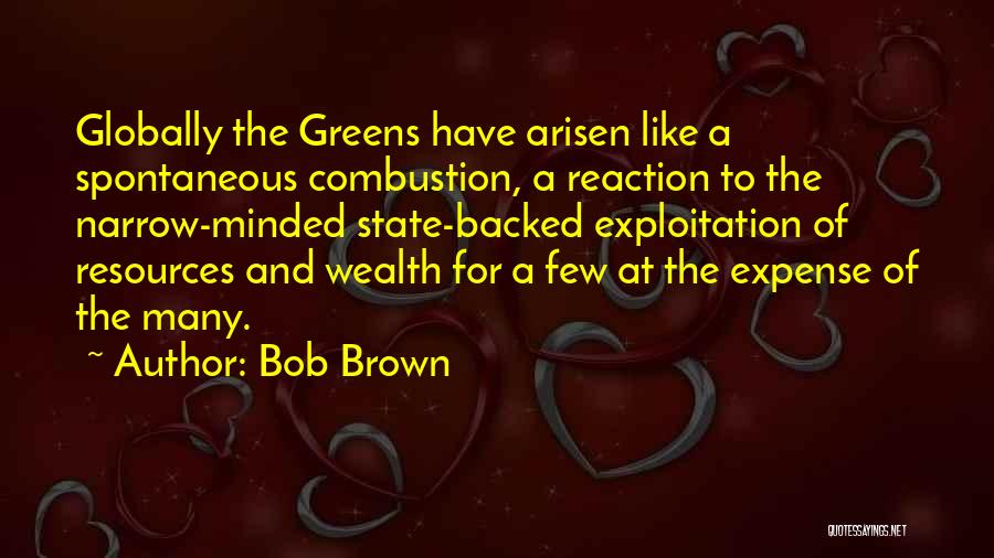 Bob Brown Quotes: Globally The Greens Have Arisen Like A Spontaneous Combustion, A Reaction To The Narrow-minded State-backed Exploitation Of Resources And Wealth