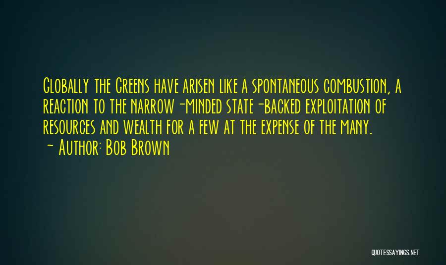 Bob Brown Quotes: Globally The Greens Have Arisen Like A Spontaneous Combustion, A Reaction To The Narrow-minded State-backed Exploitation Of Resources And Wealth
