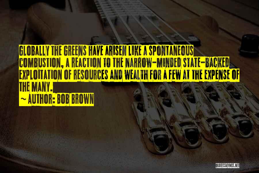 Bob Brown Quotes: Globally The Greens Have Arisen Like A Spontaneous Combustion, A Reaction To The Narrow-minded State-backed Exploitation Of Resources And Wealth