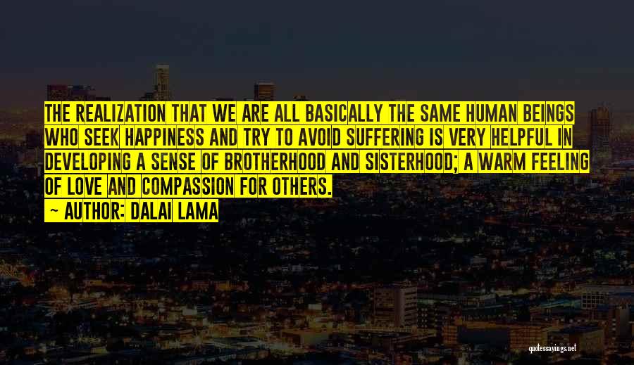 Dalai Lama Quotes: The Realization That We Are All Basically The Same Human Beings Who Seek Happiness And Try To Avoid Suffering Is