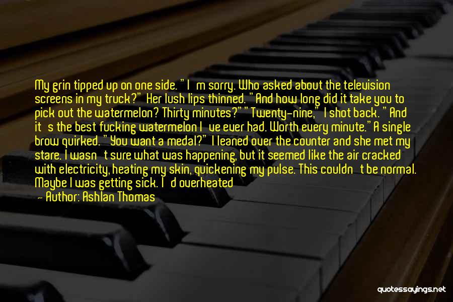 Ashlan Thomas Quotes: My Grin Tipped Up On One Side. I'm Sorry. Who Asked About The Television Screens In My Truck? Her Lush