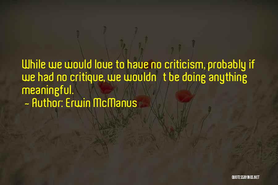 Erwin McManus Quotes: While We Would Love To Have No Criticism, Probably If We Had No Critique, We Wouldn't Be Doing Anything Meaningful.