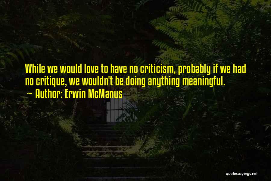 Erwin McManus Quotes: While We Would Love To Have No Criticism, Probably If We Had No Critique, We Wouldn't Be Doing Anything Meaningful.