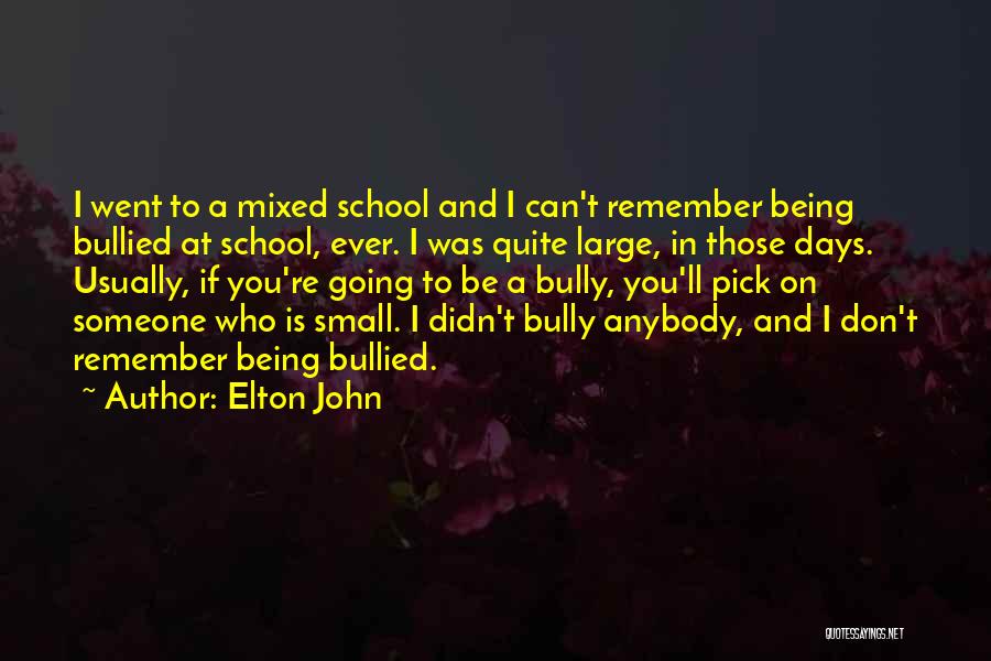 Elton John Quotes: I Went To A Mixed School And I Can't Remember Being Bullied At School, Ever. I Was Quite Large, In