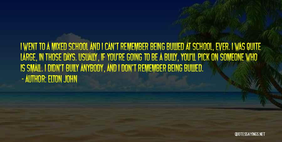 Elton John Quotes: I Went To A Mixed School And I Can't Remember Being Bullied At School, Ever. I Was Quite Large, In