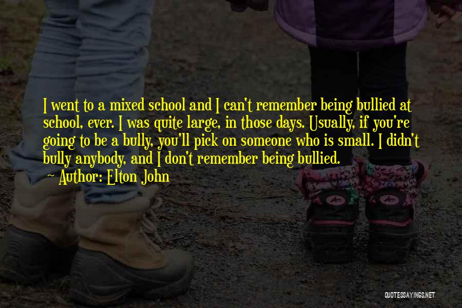 Elton John Quotes: I Went To A Mixed School And I Can't Remember Being Bullied At School, Ever. I Was Quite Large, In