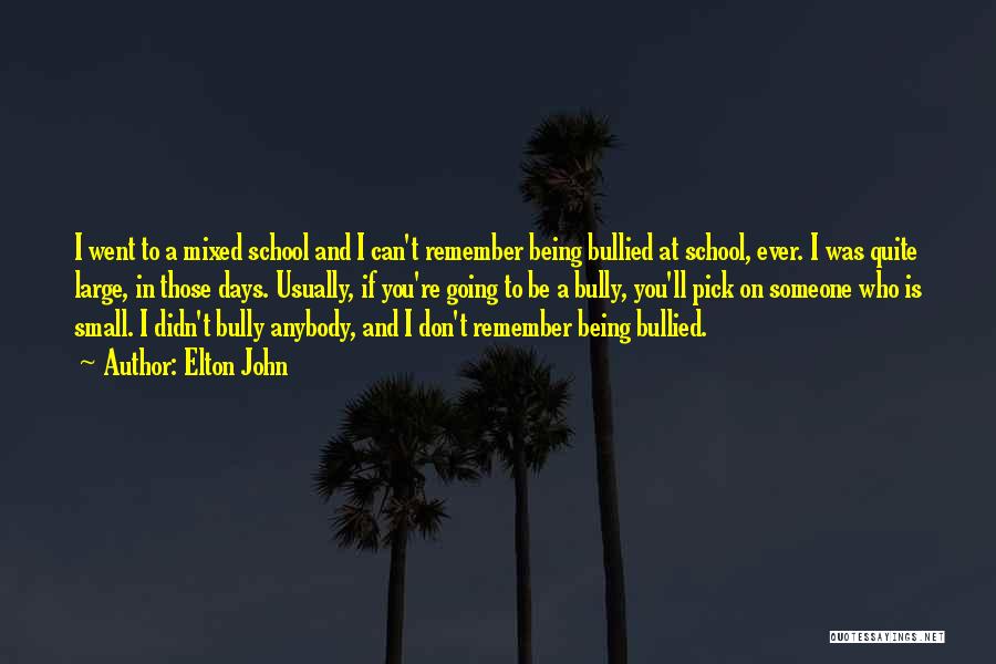 Elton John Quotes: I Went To A Mixed School And I Can't Remember Being Bullied At School, Ever. I Was Quite Large, In