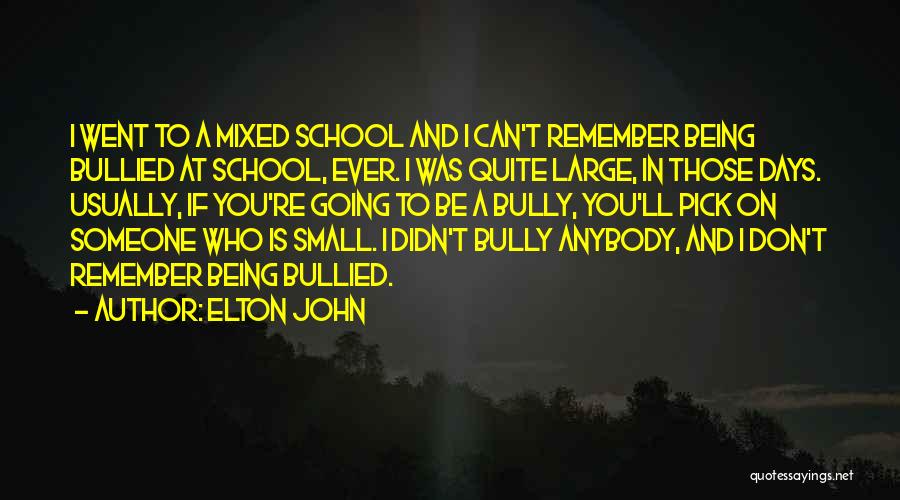 Elton John Quotes: I Went To A Mixed School And I Can't Remember Being Bullied At School, Ever. I Was Quite Large, In