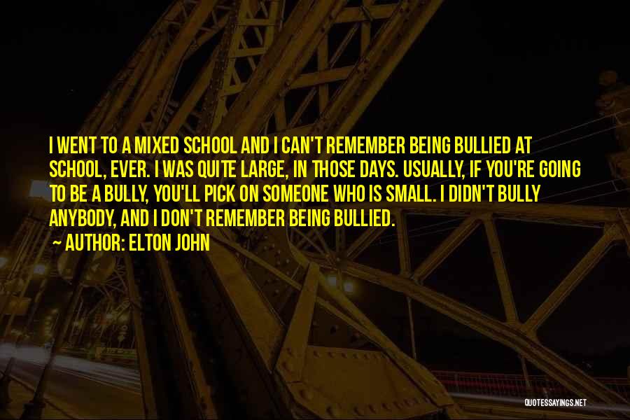 Elton John Quotes: I Went To A Mixed School And I Can't Remember Being Bullied At School, Ever. I Was Quite Large, In