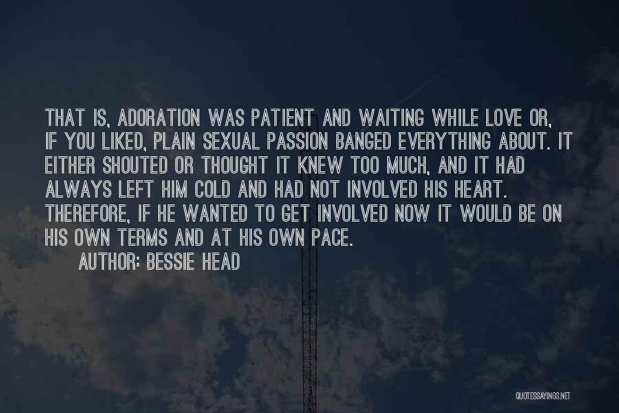 Bessie Head Quotes: That Is, Adoration Was Patient And Waiting While Love Or, If You Liked, Plain Sexual Passion Banged Everything About. It