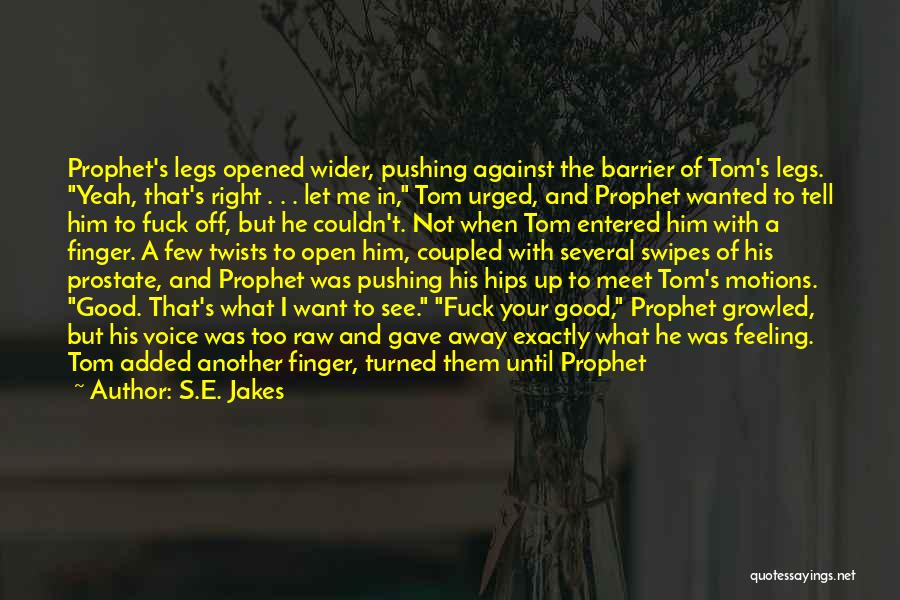 S.E. Jakes Quotes: Prophet's Legs Opened Wider, Pushing Against The Barrier Of Tom's Legs. Yeah, That's Right . . . Let Me In,