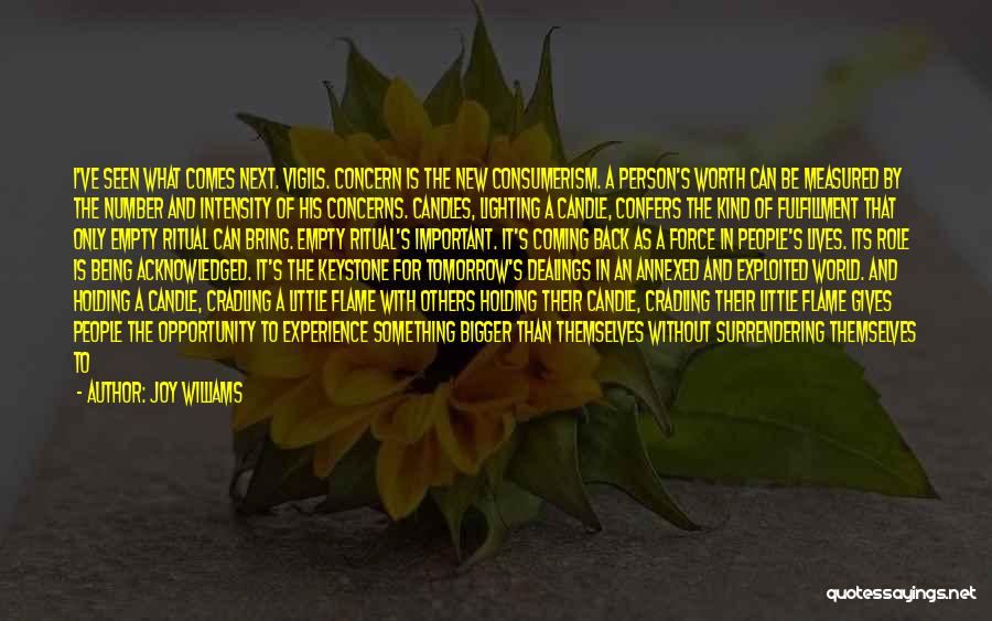 Joy Williams Quotes: I've Seen What Comes Next. Vigils. Concern Is The New Consumerism. A Person's Worth Can Be Measured By The Number