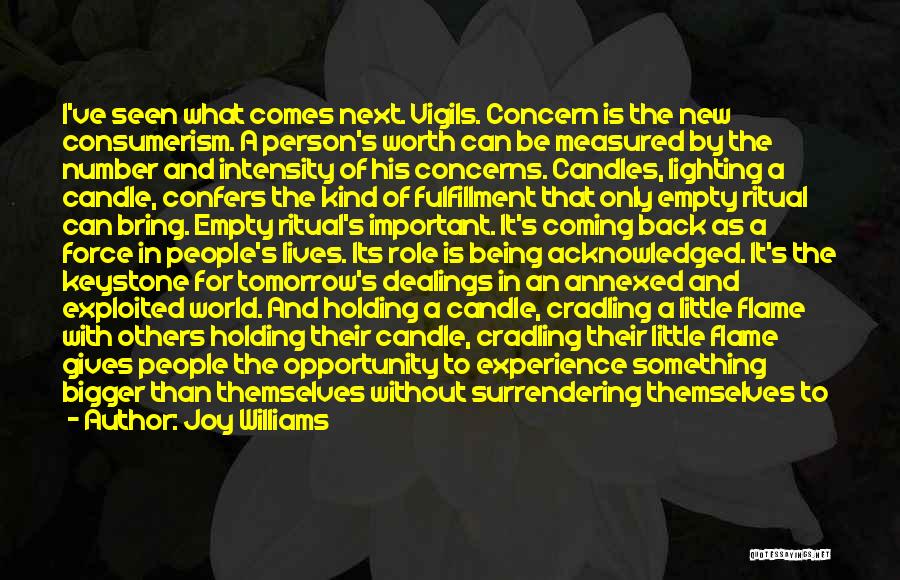 Joy Williams Quotes: I've Seen What Comes Next. Vigils. Concern Is The New Consumerism. A Person's Worth Can Be Measured By The Number