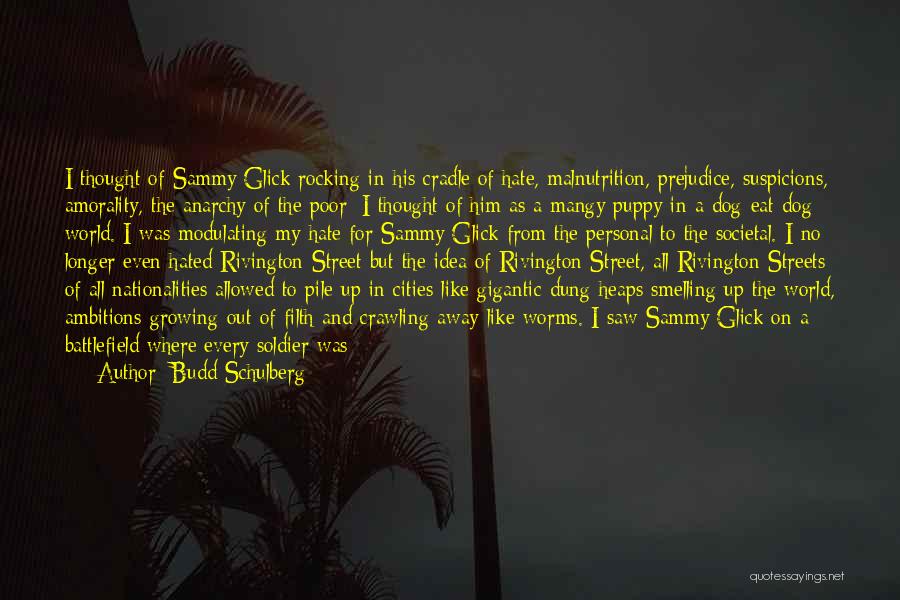 Budd Schulberg Quotes: I Thought Of Sammy Glick Rocking In His Cradle Of Hate, Malnutrition, Prejudice, Suspicions, Amorality, The Anarchy Of The Poor;