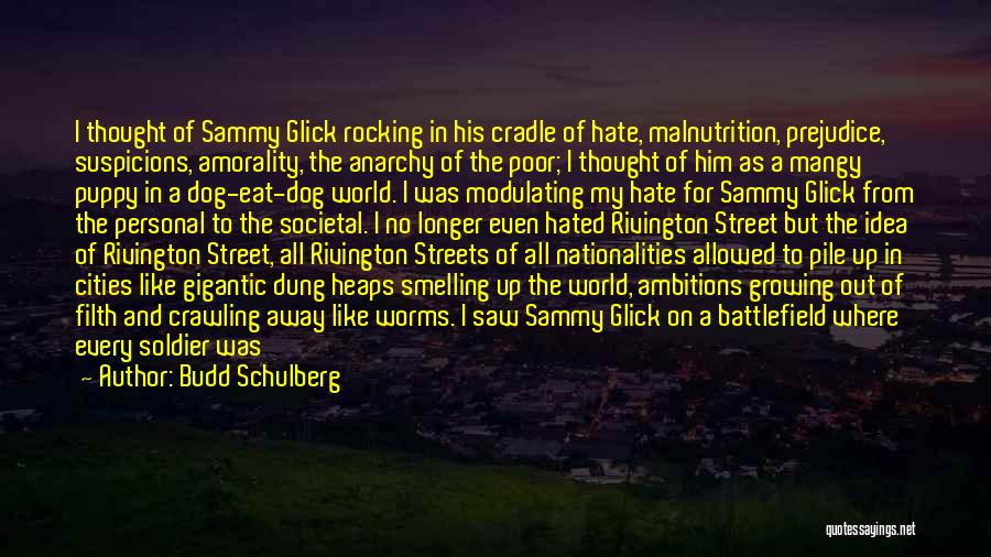 Budd Schulberg Quotes: I Thought Of Sammy Glick Rocking In His Cradle Of Hate, Malnutrition, Prejudice, Suspicions, Amorality, The Anarchy Of The Poor;