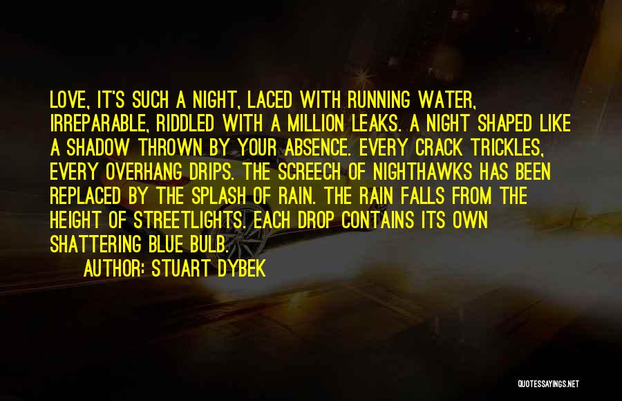 Stuart Dybek Quotes: Love, It's Such A Night, Laced With Running Water, Irreparable, Riddled With A Million Leaks. A Night Shaped Like A