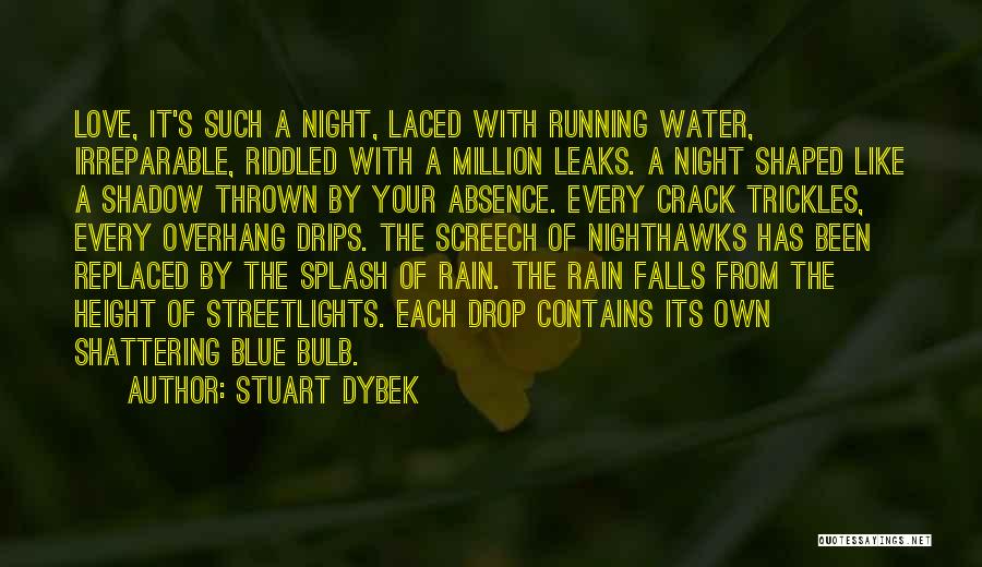 Stuart Dybek Quotes: Love, It's Such A Night, Laced With Running Water, Irreparable, Riddled With A Million Leaks. A Night Shaped Like A