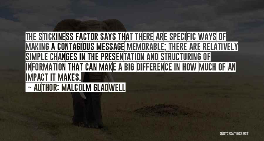 Malcolm Gladwell Quotes: The Stickiness Factor Says That There Are Specific Ways Of Making A Contagious Message Memorable; There Are Relatively Simple Changes