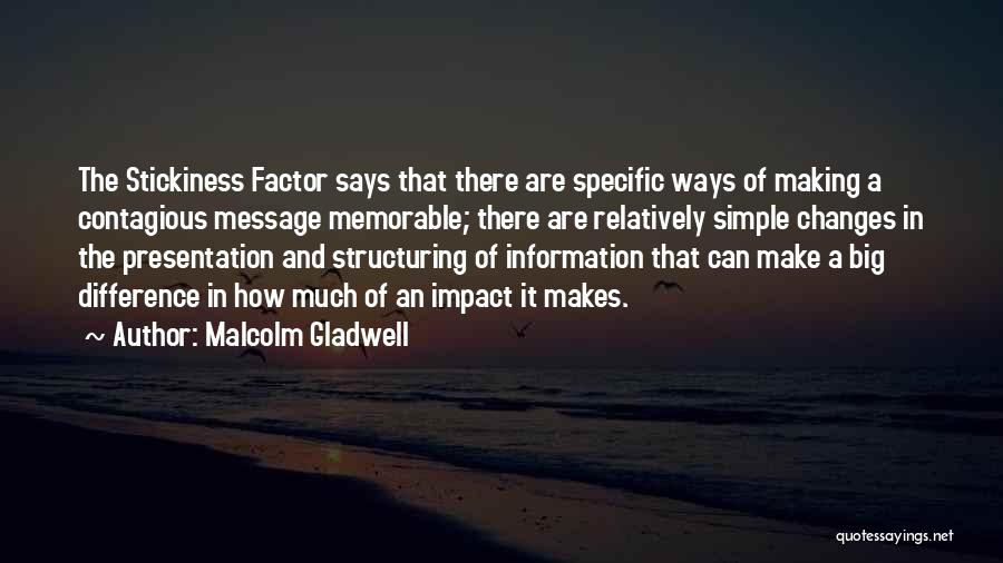 Malcolm Gladwell Quotes: The Stickiness Factor Says That There Are Specific Ways Of Making A Contagious Message Memorable; There Are Relatively Simple Changes