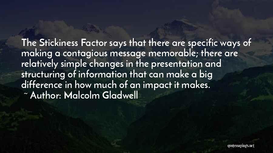 Malcolm Gladwell Quotes: The Stickiness Factor Says That There Are Specific Ways Of Making A Contagious Message Memorable; There Are Relatively Simple Changes