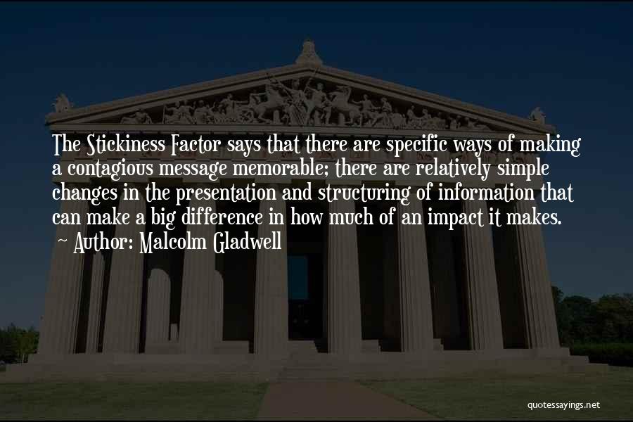 Malcolm Gladwell Quotes: The Stickiness Factor Says That There Are Specific Ways Of Making A Contagious Message Memorable; There Are Relatively Simple Changes