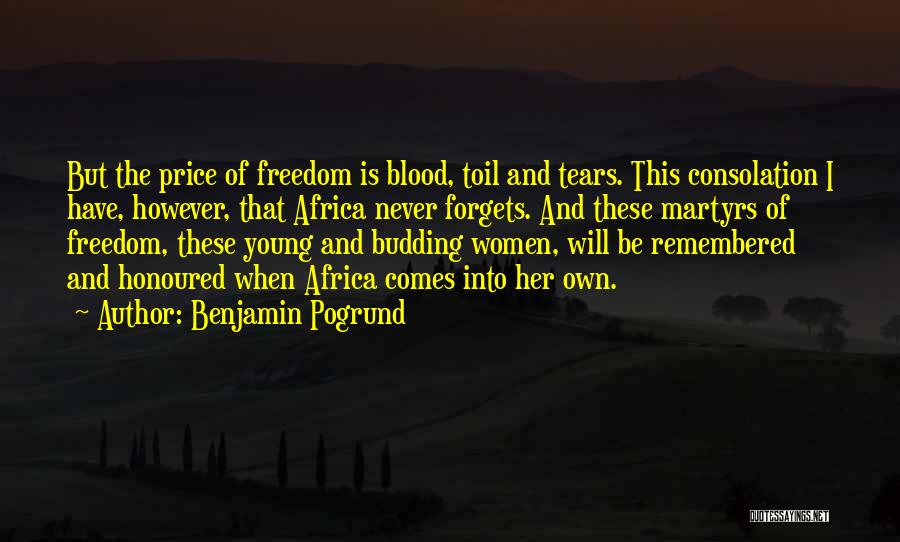 Benjamin Pogrund Quotes: But The Price Of Freedom Is Blood, Toil And Tears. This Consolation I Have, However, That Africa Never Forgets. And