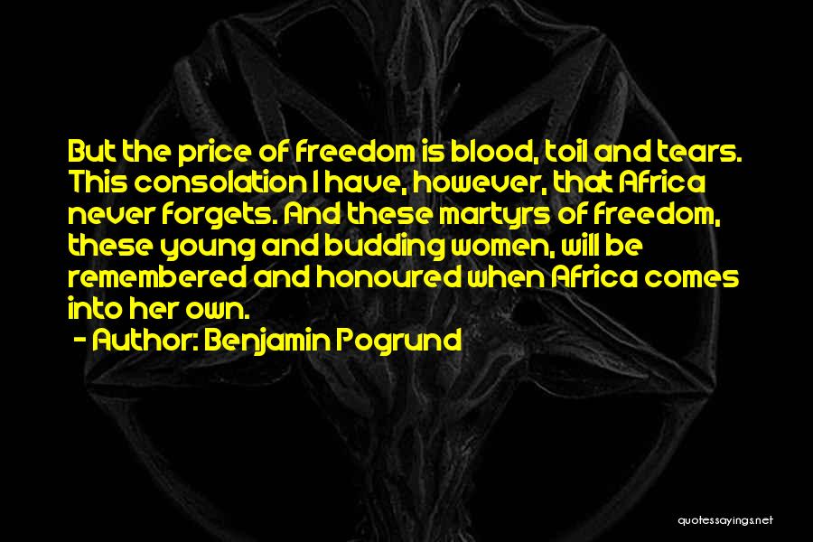 Benjamin Pogrund Quotes: But The Price Of Freedom Is Blood, Toil And Tears. This Consolation I Have, However, That Africa Never Forgets. And