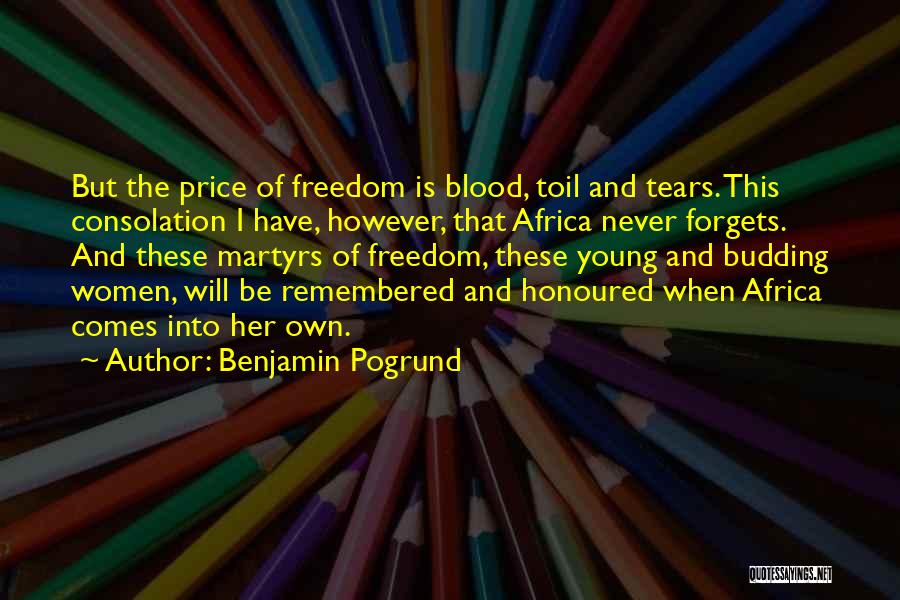 Benjamin Pogrund Quotes: But The Price Of Freedom Is Blood, Toil And Tears. This Consolation I Have, However, That Africa Never Forgets. And