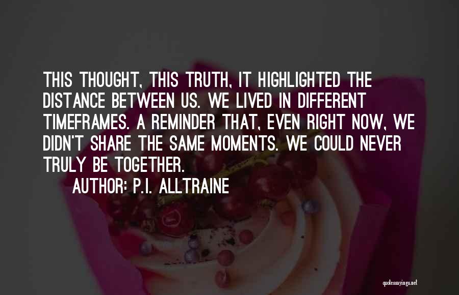 P.I. Alltraine Quotes: This Thought, This Truth, It Highlighted The Distance Between Us. We Lived In Different Timeframes. A Reminder That, Even Right