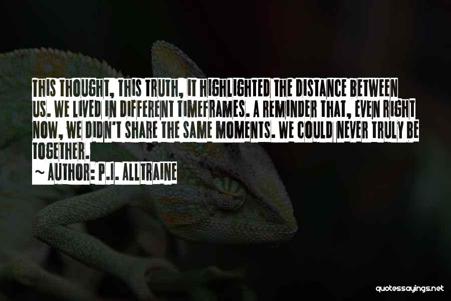 P.I. Alltraine Quotes: This Thought, This Truth, It Highlighted The Distance Between Us. We Lived In Different Timeframes. A Reminder That, Even Right