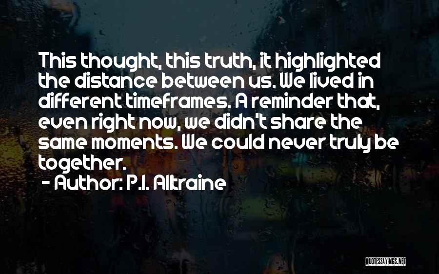 P.I. Alltraine Quotes: This Thought, This Truth, It Highlighted The Distance Between Us. We Lived In Different Timeframes. A Reminder That, Even Right