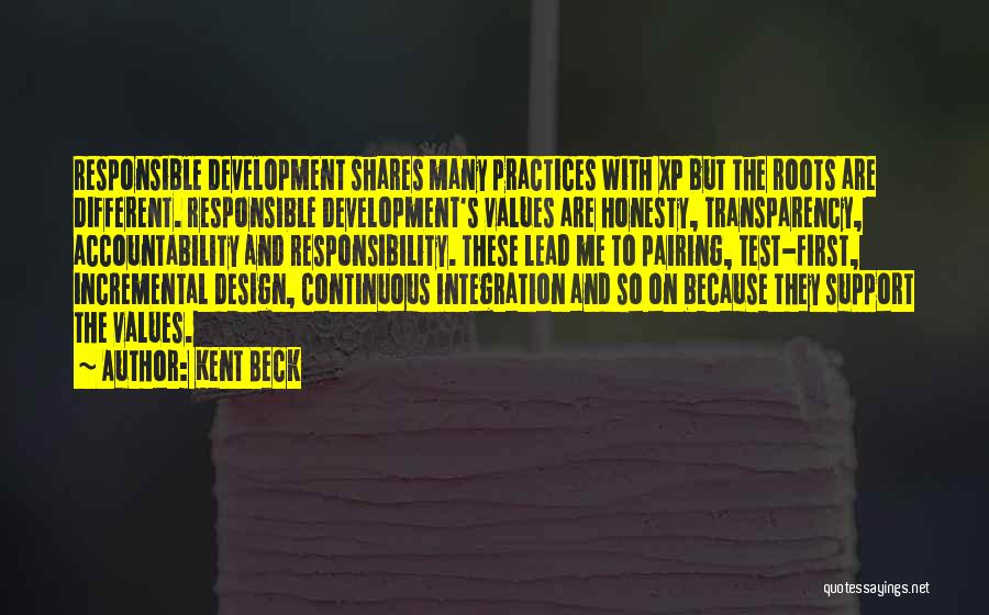 Kent Beck Quotes: Responsible Development Shares Many Practices With Xp But The Roots Are Different. Responsible Development's Values Are Honesty, Transparency, Accountability And