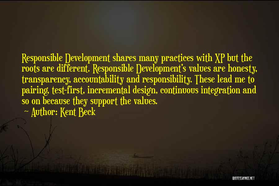 Kent Beck Quotes: Responsible Development Shares Many Practices With Xp But The Roots Are Different. Responsible Development's Values Are Honesty, Transparency, Accountability And