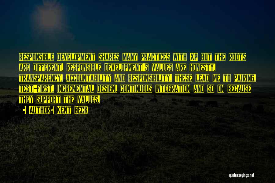 Kent Beck Quotes: Responsible Development Shares Many Practices With Xp But The Roots Are Different. Responsible Development's Values Are Honesty, Transparency, Accountability And