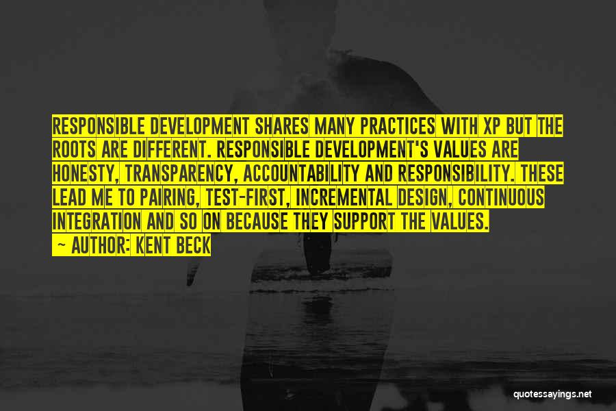 Kent Beck Quotes: Responsible Development Shares Many Practices With Xp But The Roots Are Different. Responsible Development's Values Are Honesty, Transparency, Accountability And