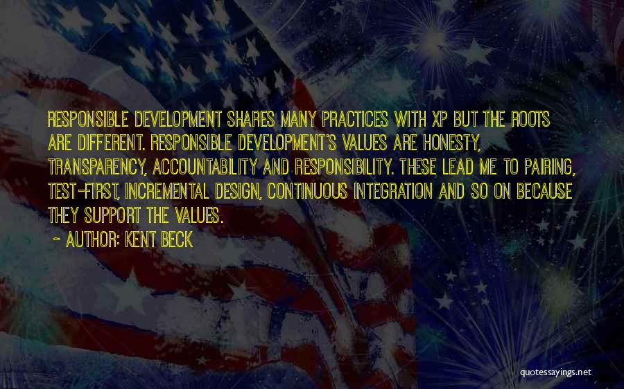 Kent Beck Quotes: Responsible Development Shares Many Practices With Xp But The Roots Are Different. Responsible Development's Values Are Honesty, Transparency, Accountability And