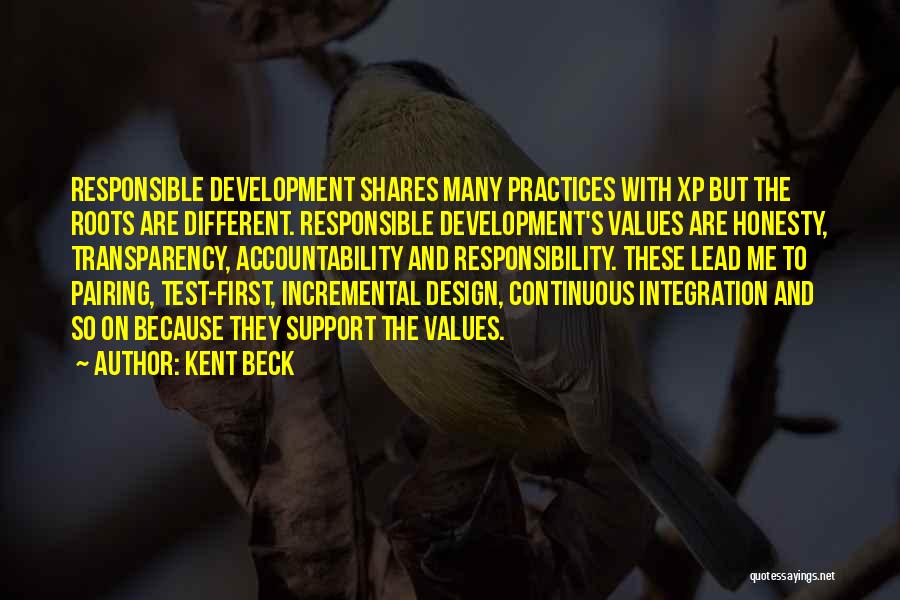 Kent Beck Quotes: Responsible Development Shares Many Practices With Xp But The Roots Are Different. Responsible Development's Values Are Honesty, Transparency, Accountability And