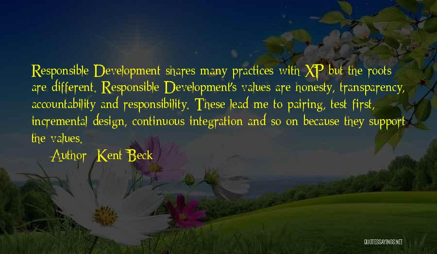 Kent Beck Quotes: Responsible Development Shares Many Practices With Xp But The Roots Are Different. Responsible Development's Values Are Honesty, Transparency, Accountability And