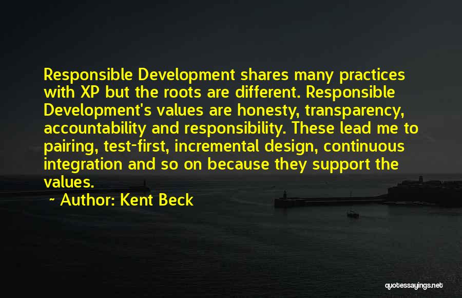 Kent Beck Quotes: Responsible Development Shares Many Practices With Xp But The Roots Are Different. Responsible Development's Values Are Honesty, Transparency, Accountability And