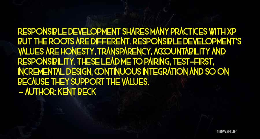 Kent Beck Quotes: Responsible Development Shares Many Practices With Xp But The Roots Are Different. Responsible Development's Values Are Honesty, Transparency, Accountability And