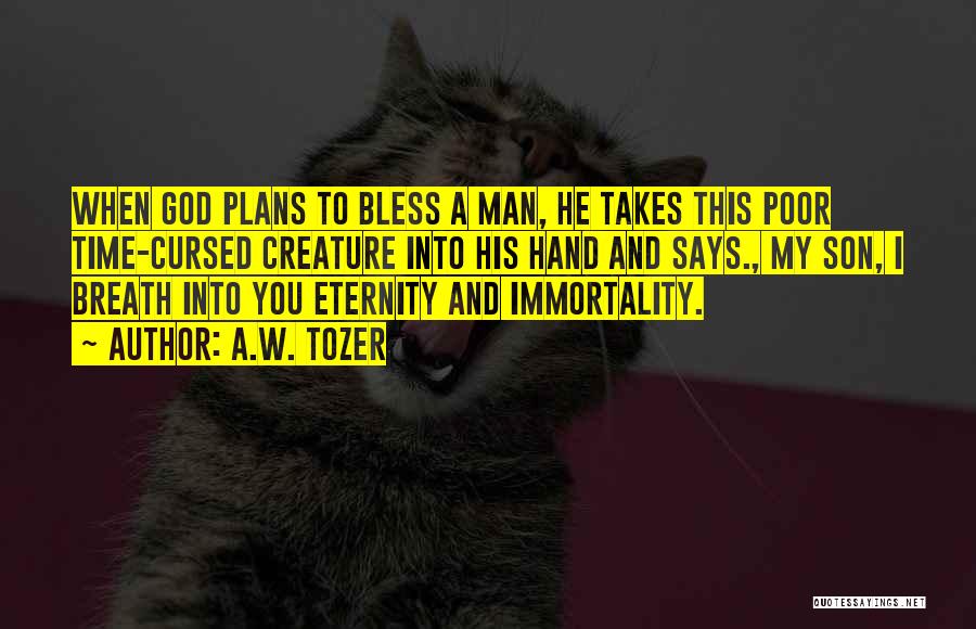 A.W. Tozer Quotes: When God Plans To Bless A Man, He Takes This Poor Time-cursed Creature Into His Hand And Says., My Son,