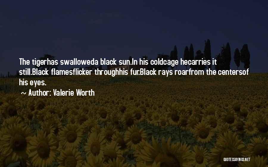 Valerie Worth Quotes: The Tigerhas Swalloweda Black Sun.in His Coldcage Hecarries It Still.black Flamesflicker Throughhis Fur.black Rays Roarfrom The Centersof His Eyes.
