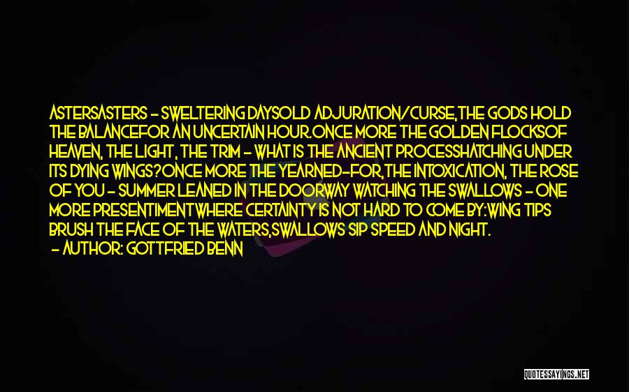 Gottfried Benn Quotes: Astersasters - Sweltering Daysold Adjuration/curse,the Gods Hold The Balancefor An Uncertain Hour.once More The Golden Flocksof Heaven, The Light, The