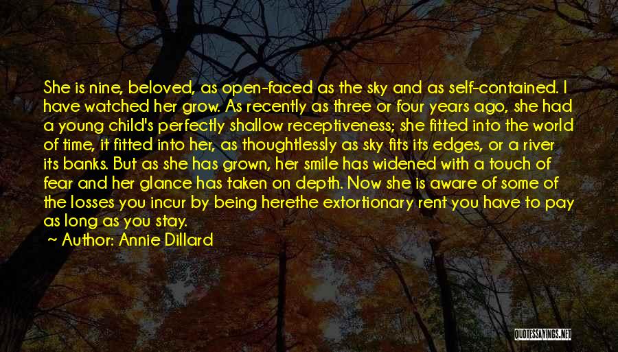 Annie Dillard Quotes: She Is Nine, Beloved, As Open-faced As The Sky And As Self-contained. I Have Watched Her Grow. As Recently As