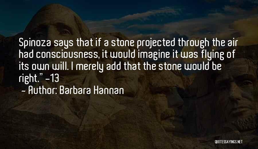 Barbara Hannan Quotes: Spinoza Says That If A Stone Projected Through The Air Had Consciousness, It Would Imagine It Was Flying Of Its