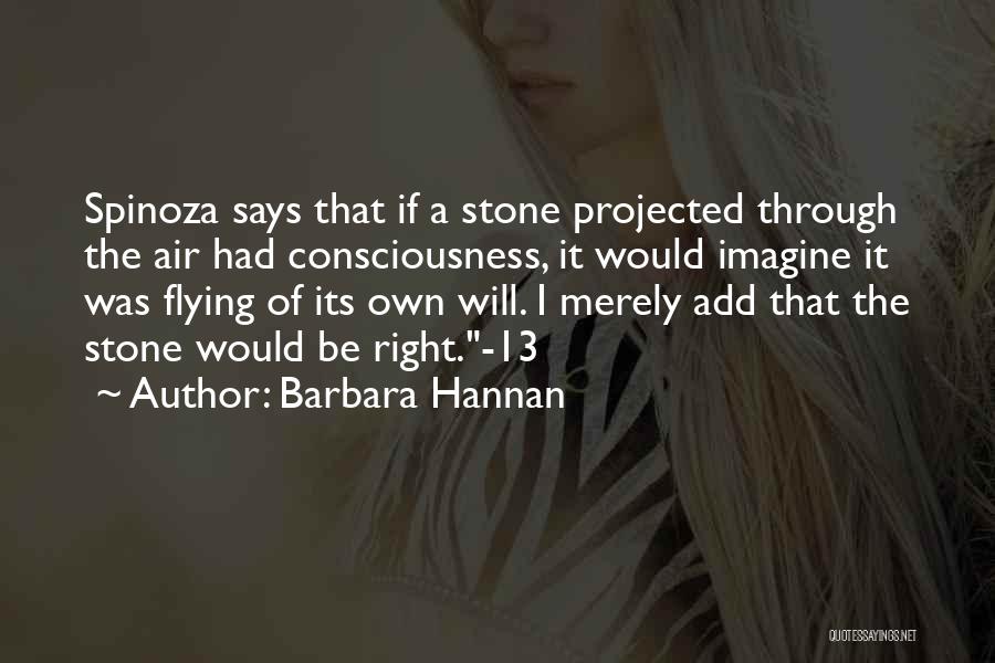 Barbara Hannan Quotes: Spinoza Says That If A Stone Projected Through The Air Had Consciousness, It Would Imagine It Was Flying Of Its