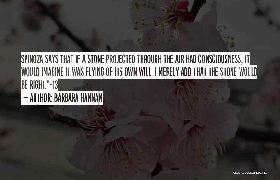 Barbara Hannan Quotes: Spinoza Says That If A Stone Projected Through The Air Had Consciousness, It Would Imagine It Was Flying Of Its