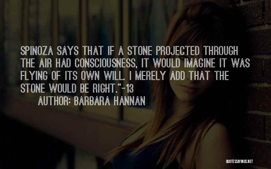 Barbara Hannan Quotes: Spinoza Says That If A Stone Projected Through The Air Had Consciousness, It Would Imagine It Was Flying Of Its