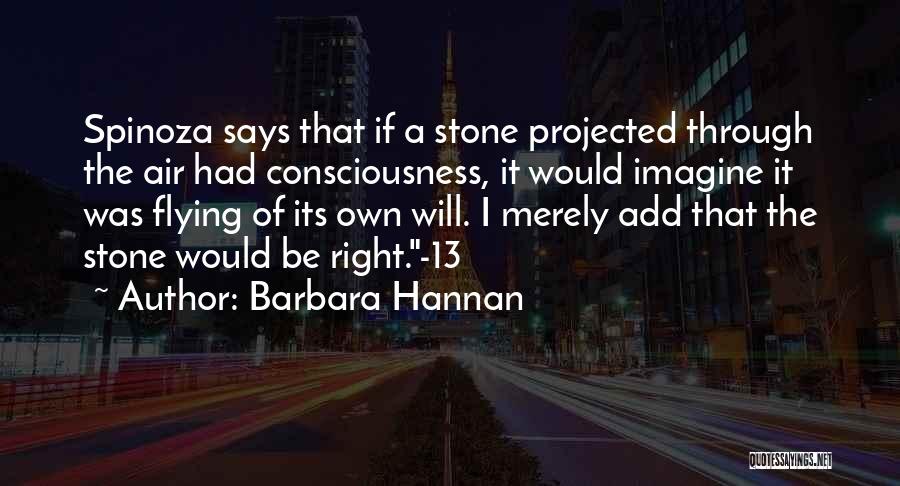 Barbara Hannan Quotes: Spinoza Says That If A Stone Projected Through The Air Had Consciousness, It Would Imagine It Was Flying Of Its