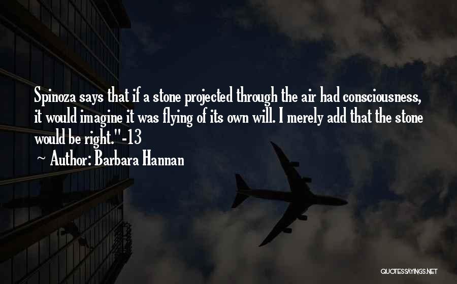 Barbara Hannan Quotes: Spinoza Says That If A Stone Projected Through The Air Had Consciousness, It Would Imagine It Was Flying Of Its